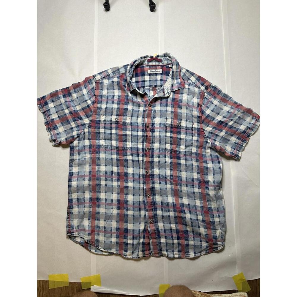 Tommy Bahama Mens Silk Button Down Shirt Large Blue Plaid Print